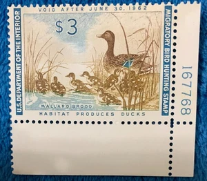 RW23 U.S. Bund Entenjagd Briefmarke 1961 ss + Platte # beigefügt Lebenslauf 95,00 $ - Bild 1 von 3