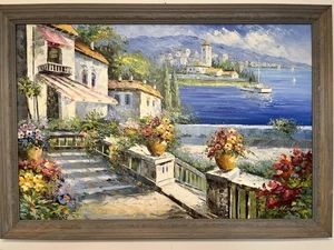 Original 24 x 36 Rossini Oil Painting on Canvas Coastal Italian Villa Sailboat - Picture 1 of 6