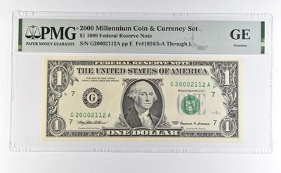 2000 Millennium Coin & Currency Set $1 1999 FRN Chicago IL Low Serial PMG *4605 - Image 1 of 3