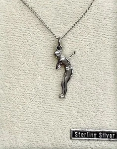 Vintage Sterling Silver Golfer Pendant Necklace 18" Chain in Box Lady Golfer - Picture 1 of 8