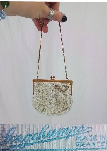 Longchamps borsa borsa a mano con perline bianca e oro antica anni 20 #J3566