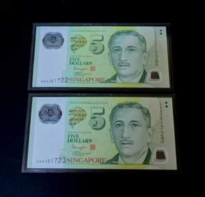2007(ND) Singapore Portrait Series $5 P-47d "AA Prefixs" Consecutive Notes - Picture 1 of 2