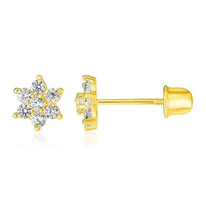 14k Solid Yellow Gold Cute Flower Star CZ Screw Back Stud Earrings Kids Children - Picture 1 of 2