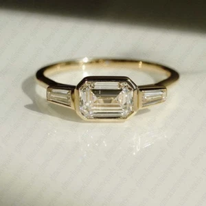 2.30Ctw Emerald Moissanite Three Stones Engagement Ring In Solid 14K Yellow Gold - Picture 1 of 11