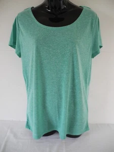 M&Co GREEN/WHITE FLECK ROUND NECK S/S POLYESTER LINEN TOP Sz 14 LACY BACK PANEL - Picture 1 of 5