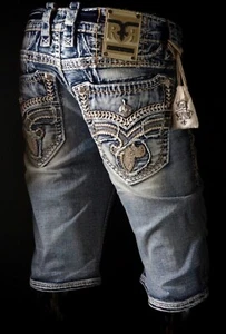 $220 Mens Rock Revival Jeans "Cassius" Leather Inserts Faux Shorts 32 - Picture 1 of 7