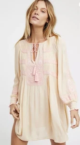 FreePeople Wind Willow Embroidered Boho VNeck Tassel Mini Dress XSChampaign Pink - Picture 1 of 10