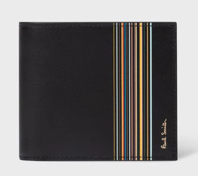 Paul Smith Men's Bifold Wallet Black Leather Multicolor Artist Stripe Block New - Image 1 of 4