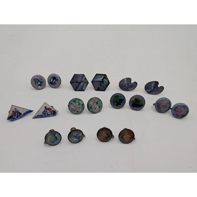 Lote de 9 Pendientes Esmaltes Sobre Cobre Abstractos Pintados A Mano Atornillados y Clip Foto 1 de 4