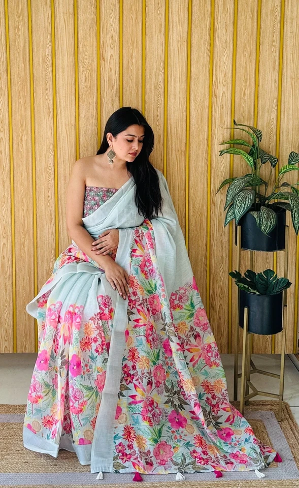 Sari de algodón de lino suave de uso étnico con blusa para festival de mujer Foto 1 de 1