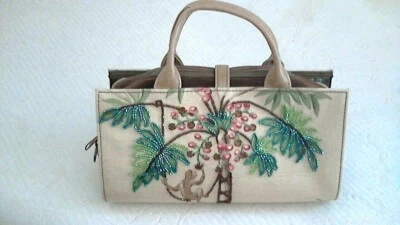 Mini Bolso de Mano Isabella Fiore Monkey Palm 9" x 7.5" Tela Forrada Malla Cremallera Compartes  Foto 1 de 4