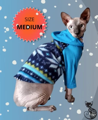 Winter Fleece Hoodie for Cats - MEDIUM, Cozy Blue & Turquoise Pajamas - Image 1 of 3