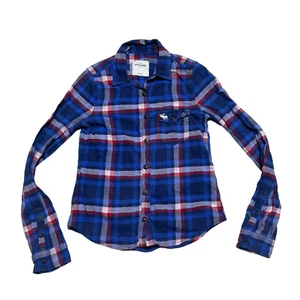 Abercrombie Kids Flannel Shirt Girls Large Blue Plaid Button Up Youth Casual - Picture 1 of 8
