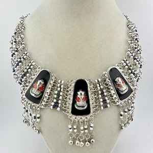 Egyptian King Tutankhamun Repoussé Bust Silver Tone Beaded Enamel 23” Necklace - Picture 1 of 9