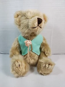 TY Attic Treasures Collection Bear Brown Green Vest Ribbon w/ Rose Jointed 8.5" - Picture 1 of 8