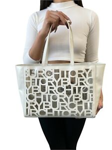 TORY BURCH Logo Monogram Tote Bag Pochette Patent Leather White RankAB+