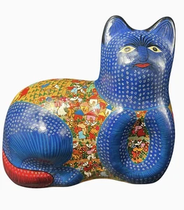 Tonala Folk Art Pottery Cat Large 8"x10"x6"Hand Painted Ornate Village Landscape - Picture 1 of 14