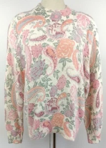 Suéter floral de seda angora pastel vintage rosa púrpura rosas esponjoso romántico M - Imagen 1 de 10