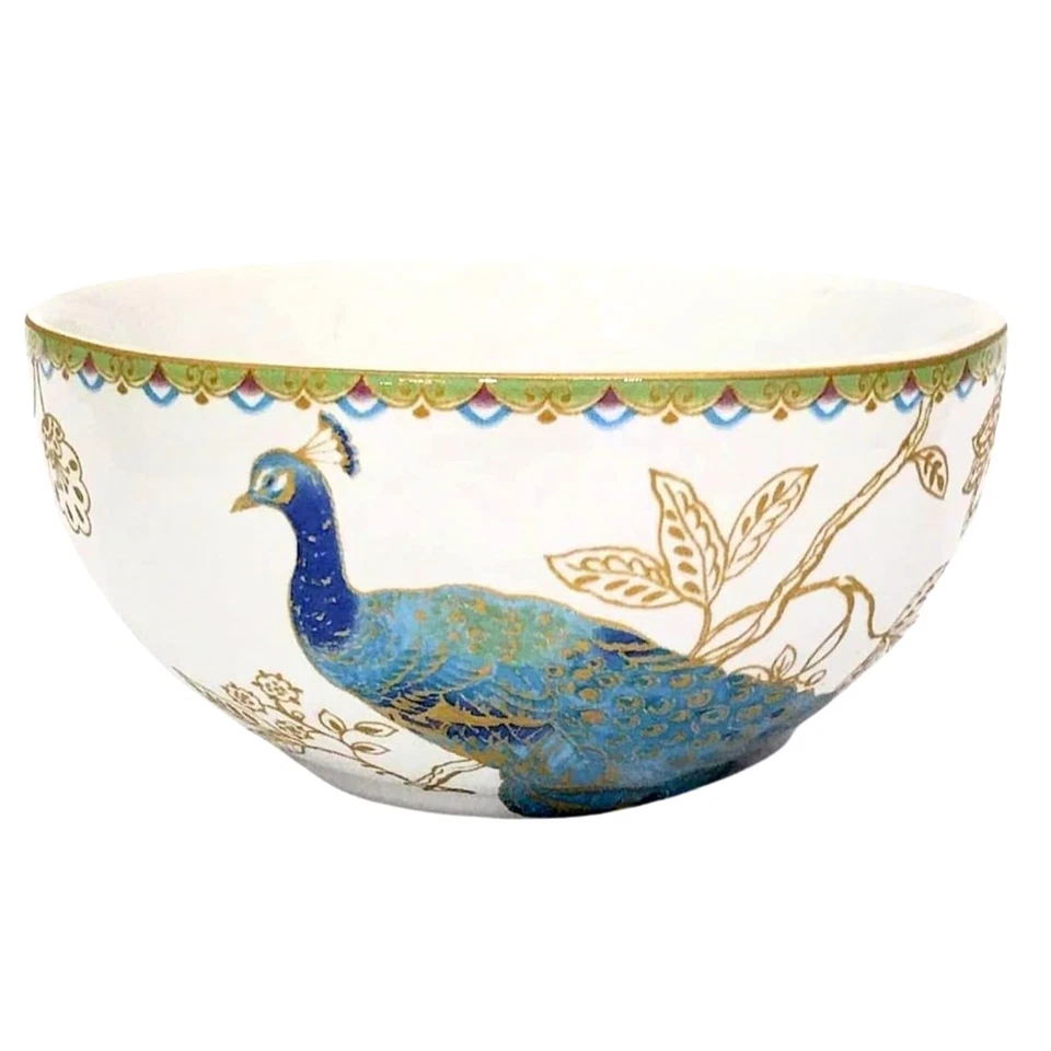 Juego de 4 cuencos de sopa de cereal de jardín de pavo real 222 blanco majestuoso verde azulado dorado NUEVO Foto 1 de 4