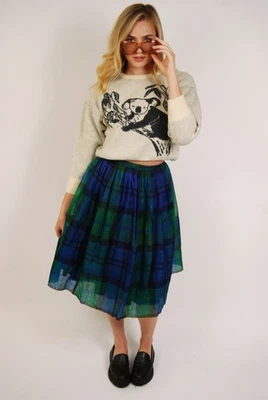 60s Plaid Midi Skirt (XS) blue green full skirt organza small schoolgirl tartan - Photo 1/4