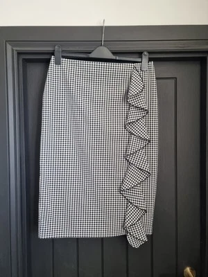 F&F Black And White Gingham Check Ruffle Midi Pencil Skirt Size UK 12 - Image 1 of 4