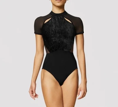 Bloch Ari Black Velvet Mesh Inserts Keyhole Back Ballet Dance Leotard CM 6x-7 - Image 1 of 4