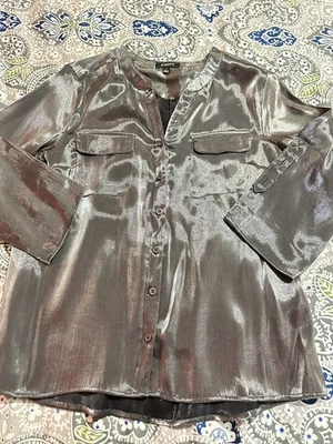 Elementz Women’s Blouse Shiny Gray Large Button Up Top Shirt Roll Tab Sleeves - Image 1 of 4