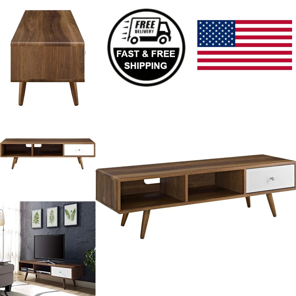 Soporte de TV de bajo perfil de 55 pulgadas blanco nogal para televisores de pantalla plana de hasta 60 pulgadas Foto 1 de 4