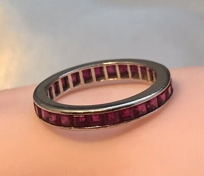 FULL ETERNINTY BAND with Princess Cut RUBIES - in 14K White Gold - Sz. 5  - Image 1 of 4