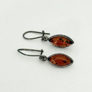 Vintage Sterling Silver Baltic Amber Cabochon Dangle Earrings - Picture 1 of 7