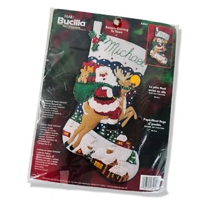 BUCILLA PLAID Felt Sequin Stocking Kit Santas Coming to Town Reindeer 18" *NEW* - Picture 1 of 12