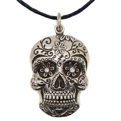 Zucchero Teschio Ciondolo 925 Argento Sterling Lab-Created Zircone Cubico Day Of - Immagine 1 di 4