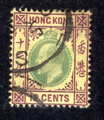 Hong Kong 1903 12c rojo violeta y gris verde sobre amarillo Eduardo VII, Scott 77 usado Foto 1 de 2