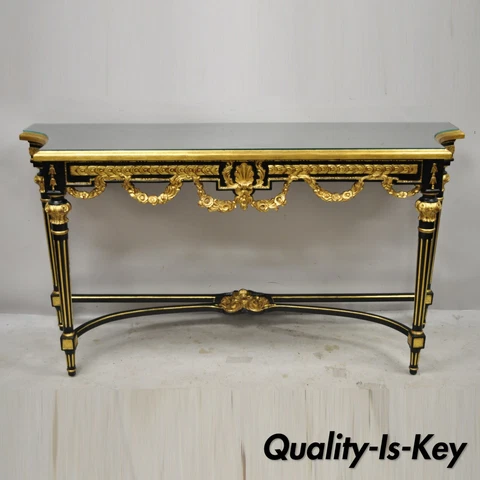 Labarge French Louis XVI Italian Black Lacquer Gold Gilt Jansen Console Table Cover