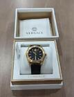 $1045 Mens VERSACE V Code" Leather Strap Stainless Steel Watch Black/Gold 42mm