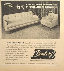 Bemberg Parfé Hilos Tapicería Tela MCM Sofá Silla Grupo Vintage Impreso Anuncio 1958 - Imagen 1 de 4