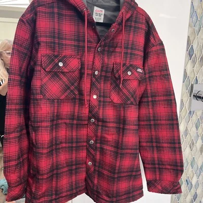 Dickies Fleece Lined Hooded Shirt Jacket Men XL 46-48 RedBlack Pockets Snap Work - Image 1 of 4