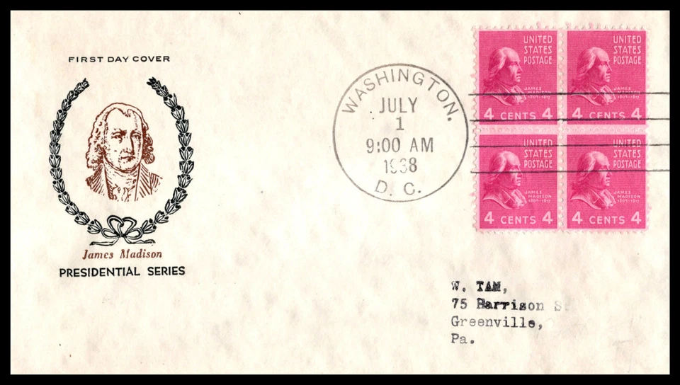 1938 Presidential Series Prexy Sc 808-4 4c with Fidelity cachet block of 4 - Image 1 of 1