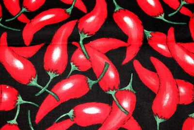 RED CHILI PEPPERS BLACK SPICY FOOD ROBERT KAUFMAN COTTON SEW QUILT FABRIC OOP - Image 1 of 4