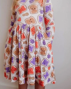 Monkeeroos Better Together Bamboo Twirl Dress Sz 7Y Peanut Butter Jelly Long Sl - Picture 1 of 4