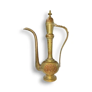 Brass Ewer Pitcher Antique Signed India Hand Etched and Painted Large 18.5 in - Picture 1 of 12