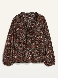 Old Navy Womens Micro Floral Button Up Top Size 2X Peasant Boho Ruffle Vneck NEW - Picture 1 of 12