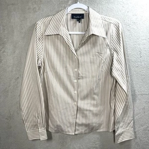 EVAN PICONE Quick Care Button-Up Shirt Beige Stripe Preppy Business Women’s Sz 8 - Picture 1 of 7