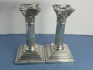 PAIR ANTIQUE EDWARDIAN SOLID SILVER CORINTHIAN COLUMN CANDLESTICKS BIRM 1901 - Picture 1 of 24