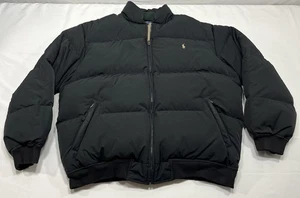 Vintage Polo Ralph Lauren Jacket Mens Large Black Feather Down Puffer Tan Pony - Picture 1 of 7
