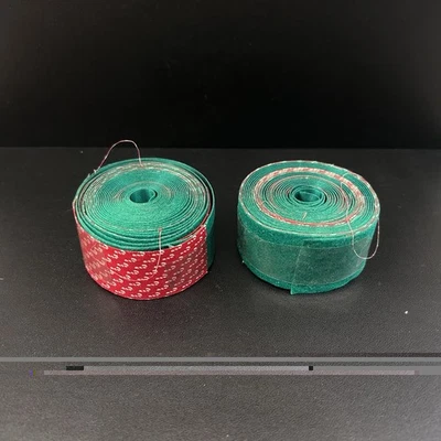 2 Double Rolls Of Vintage Ribbon  Velvety Green&Candy Cane Print Rolled Together - Image 1 of 4