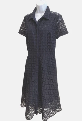 Ann Taylor размер 14 темно-синий кружевной карьера короткий рукав трапециевидная подкладка миди платье - Изображение 1 из 4