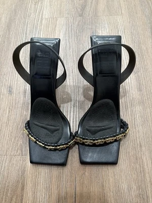 Givenchy черный G золото логотип с открытым носком сплетенный ремень кожи слинга сандалии каблук 39 - Изображение 1 из 4