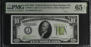 1934 $10 FR 2004-J LGS Light Green Seal FRN Kansas City PMG GEM 65 EPQ - Picture 1 of 4