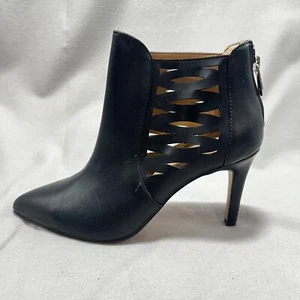 Adrienne Vittadini Nelie Cutout Ankle Boots Stiletto Pointed Toe Black Leather 6 - Picture 1 of 13